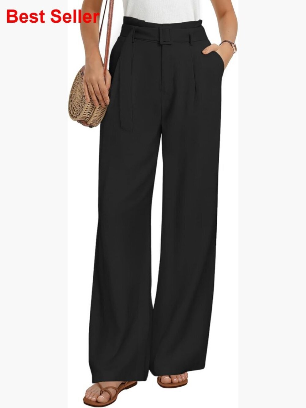 Rayon Blend Wide Leg Palazzo Trousers with Pockets, Business Casual